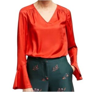 Boden Women’s Lucie Red Silk Blend Flare Long Sleeve Blouse Size 16